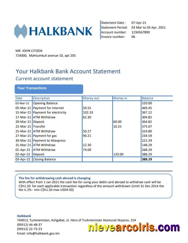 Turkmenistan Halkbank excel pdf